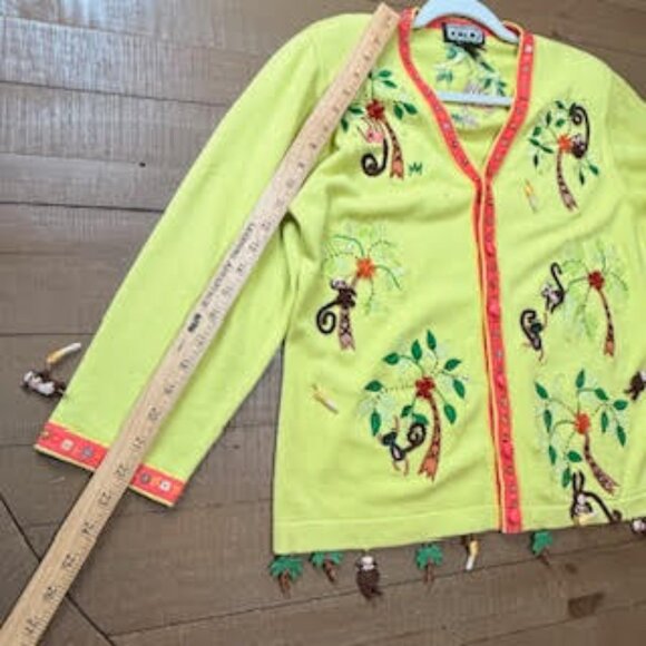 Berek Monkey Jungle Embroidered Cardigan Sweater Yellow Button Front Size Medium - Picture 13 of 15